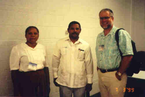 Maria and Miguel meeting Pastor Pete at Annual Conference 1999.