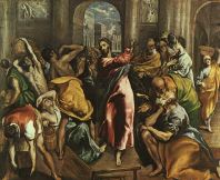 Whip in hand, Jesus overturns a money changer's table