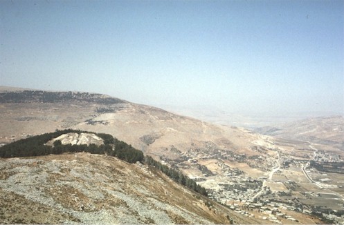 view from top of Mt. Gerizim south towards site of ancient Shechem at base of Mt. Ebal