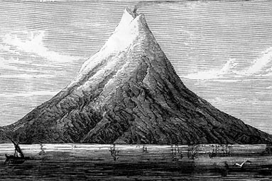 This engraving shows the island of Krakatoa before it became submerged after its 1883 eruption.