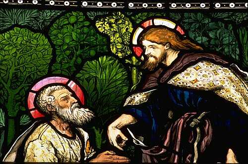 "Jesus' Charge to Peter" - stained glass window in Jesus Church, Troutbeck, Cumbria, UK, by William Morris Troutbeck.